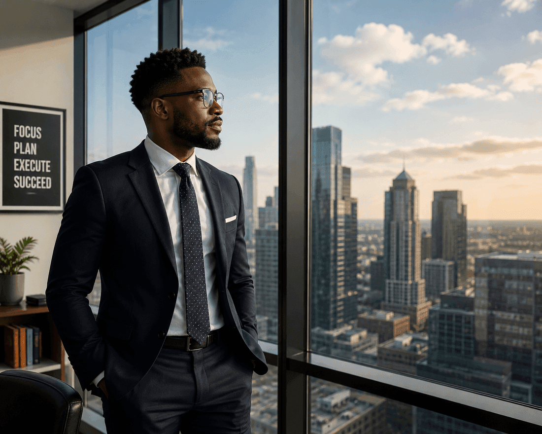 African professional in a city office overlooking the skyline