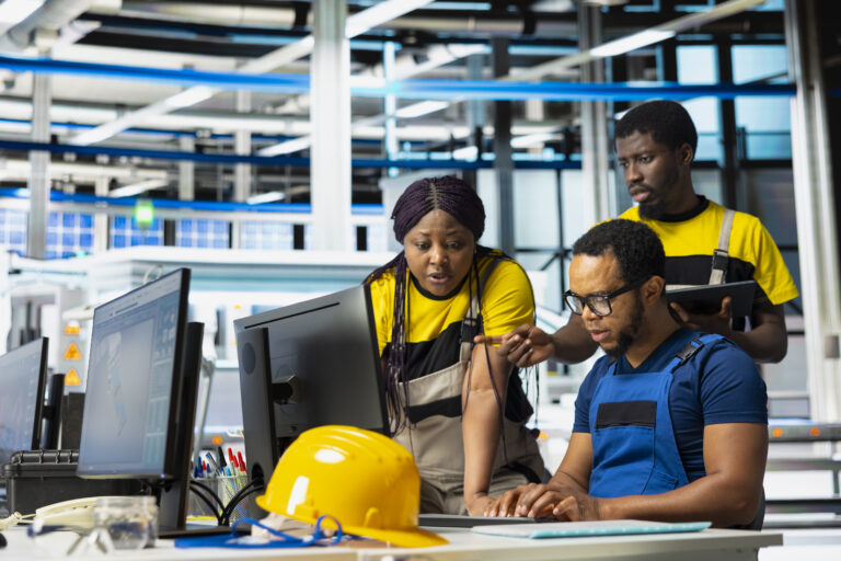 Black team of manufacturing plant employees fixing errors and debugging