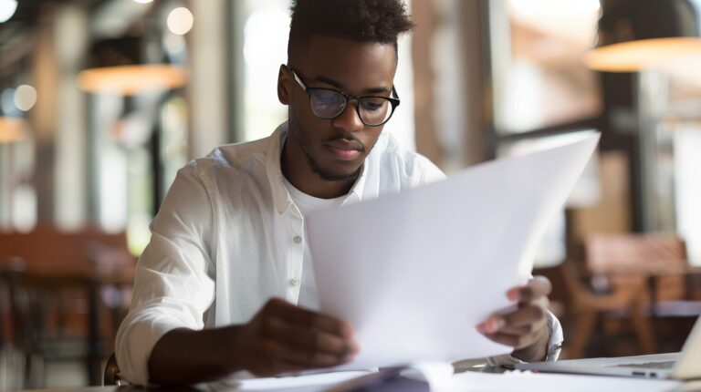 Person reviewing legal documents for their new business, looking focused